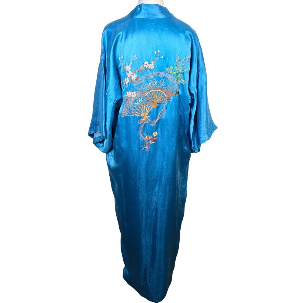 Vintage Pearls 100% Silk Kimono Robe Blue Hand Embroidered Fan Floral‎ Size M